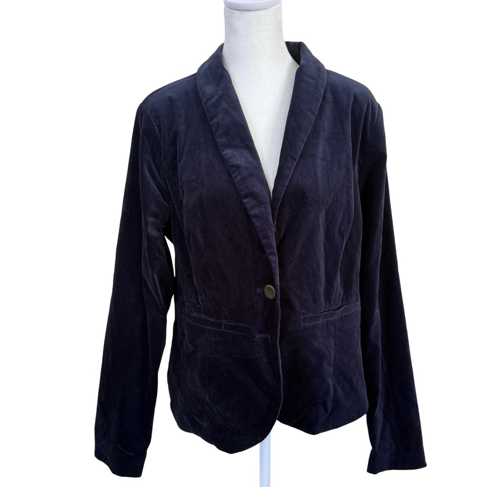 ModCloth Velvet Blazer Navy Blue Jacket Women's XL Soft Two Button Lined Cat